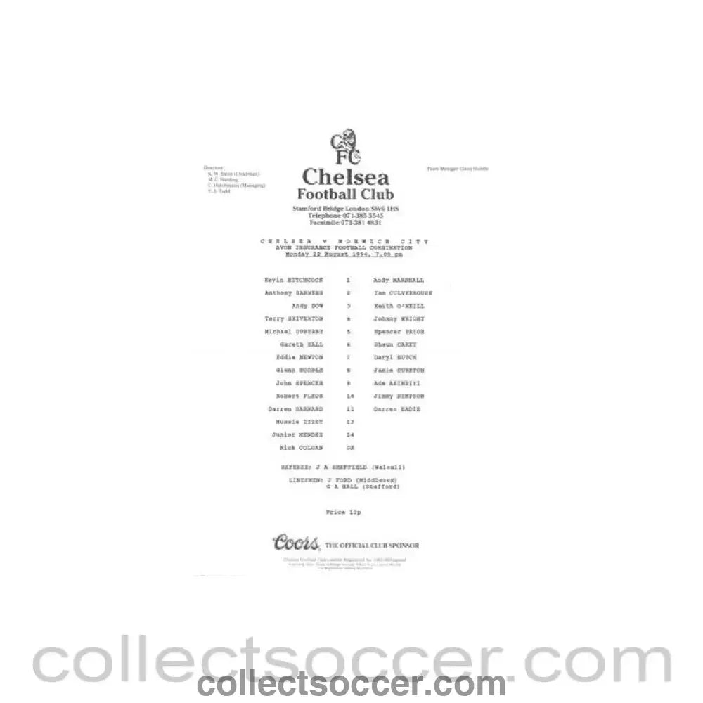 1994 - Chelsea v Norwich City Reserves official teamsheet 22/08/1994 Football Combination