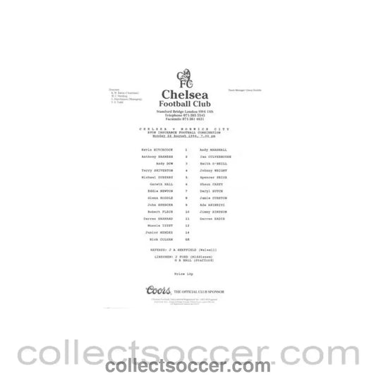 1994 - Chelsea v Norwich City Reserves official teamsheet 22/08/1994 Football Combination - Collect Soccer