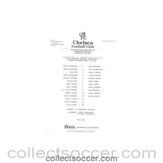 1994 - Chelsea v Norwich Reserves official teamsheet 22/08/1994 Football Combination - Collect Soccer