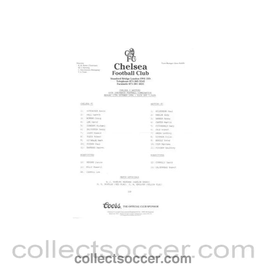 1994 - Chelsea v Watford Reserves official teamsheet 17/10/1994 Football Combination