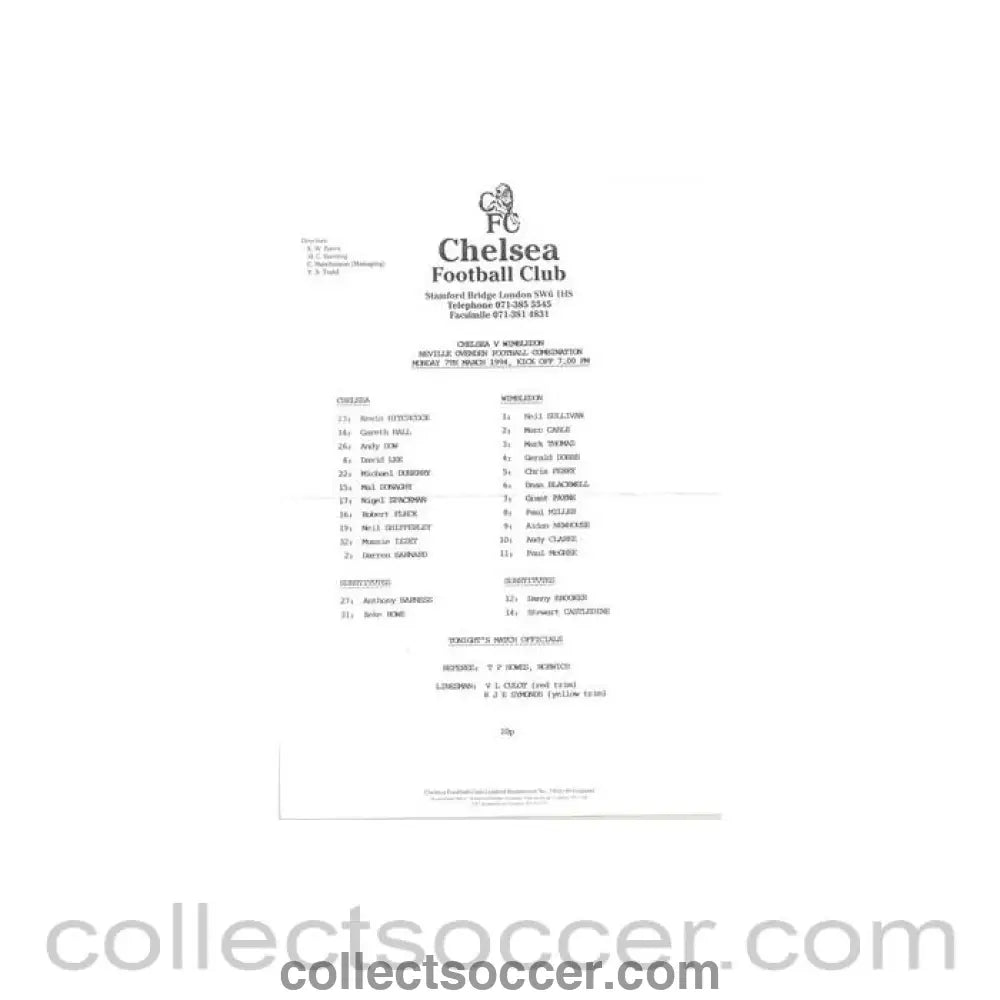 1994 - Chelsea v Wimbledon Reserves official teamsheet 07/03/1994 Football Combination - Collect Soccer