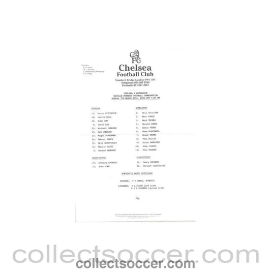 1994 - Chelsea v Wimbledon Reserves official teamsheet 07/03/1994 Football Combination - Collect Soccer
