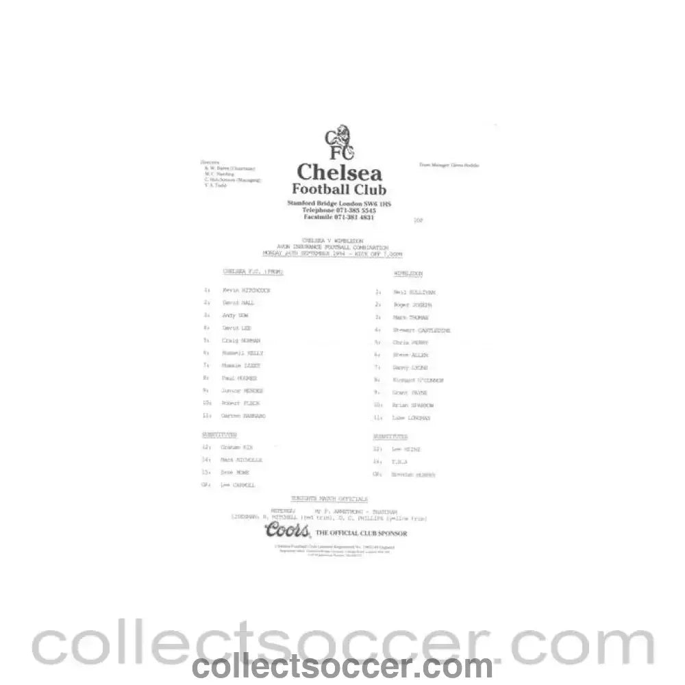 1994 - Chelsea v Wimbledon Reserves official teamsheet 26/09/1994 Football Combination - Collect Soccer