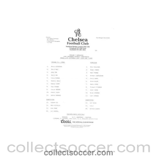 1994 - Chelsea v Wimbledon Reserves official teamsheet 26/09/1994 Football Combination