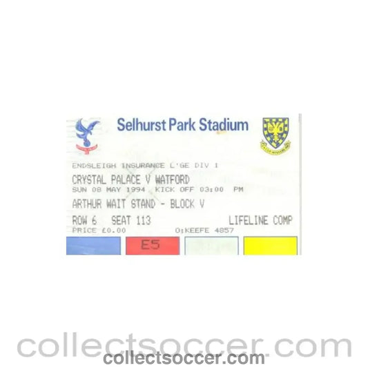 1994 - Crystal Palace v Watford ticket 08/05/1994