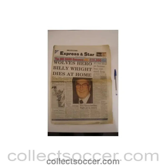 1994 - Express & Star newspaper of 03/09/1994 covering Billy Wright Wolverhampton Wanderers’ most famous player who