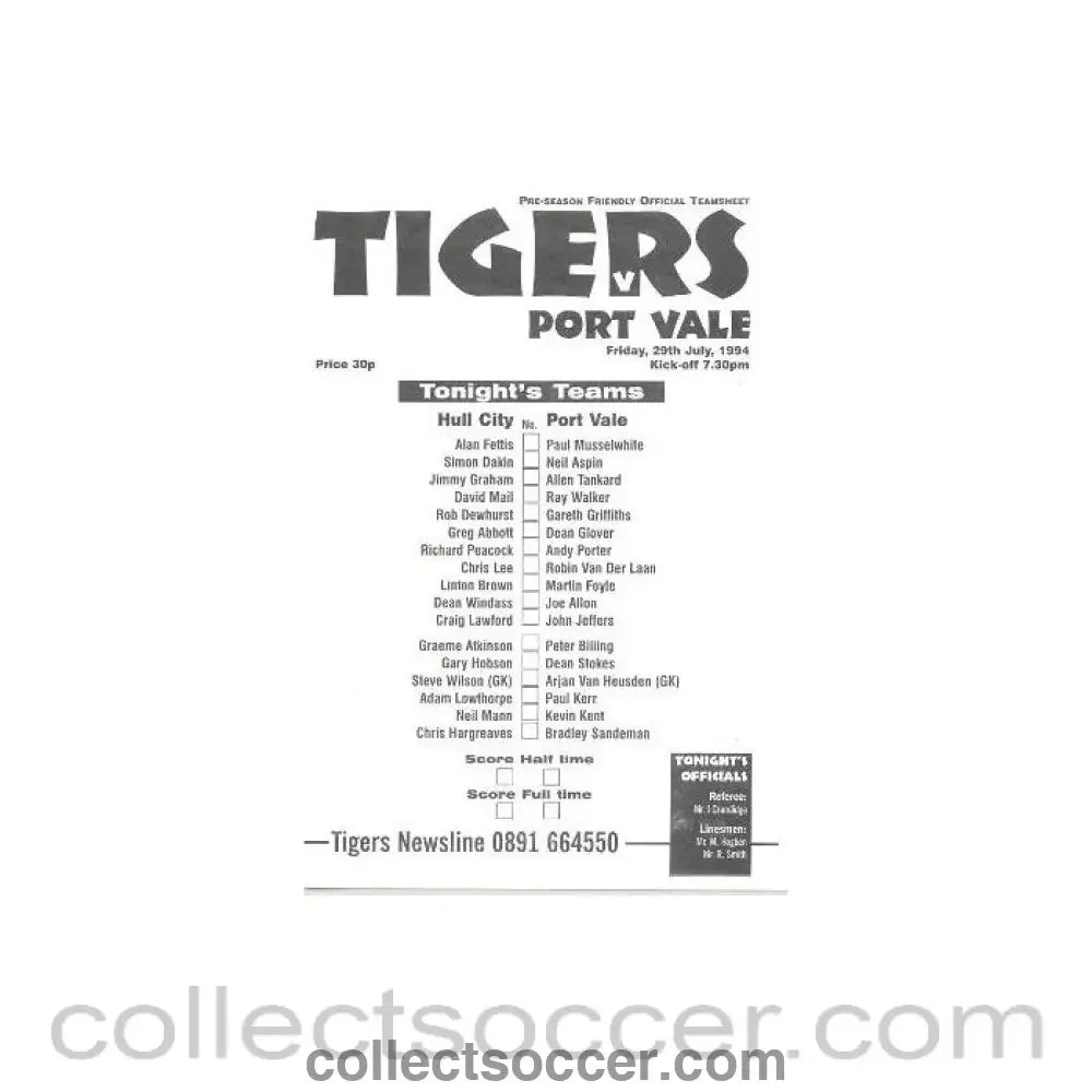 1994 - Hull City v Port Vale official programme 29/07/1994 friendly - Collect Soccer