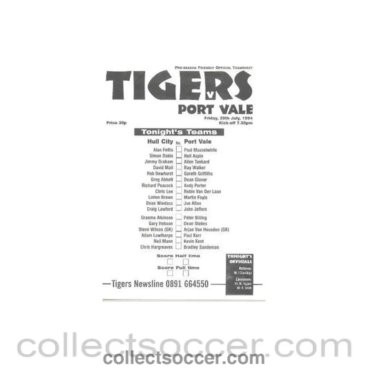 1994 - Hull City v Port Vale official programme 29/07/1994 friendly - Collect Soccer