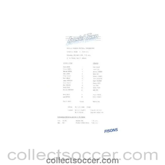 1994 - Ipswich Town v Chelsea official teamsheet 20/04/1994 - Collect Soccer