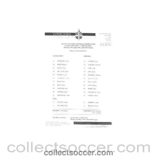 1994 - Luton Town v Chelsea official teamsheet 28/04/1994 - Collect Soccer