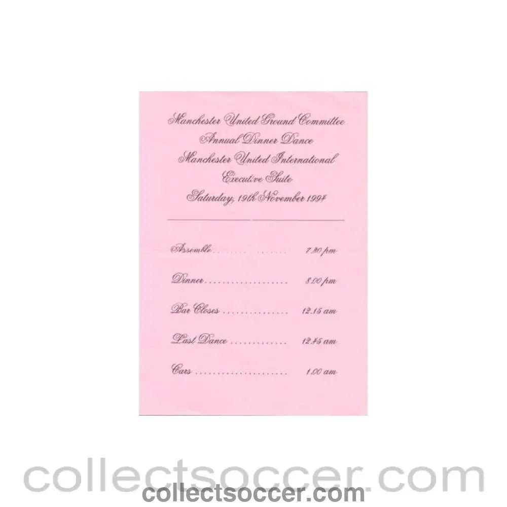 1994 - Manchester United Annual Dinner Dance menu 19/11/1994 - Collect Soccer