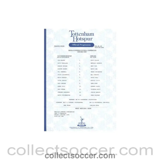 1994 - Tottenham Hotspur v Chelsea Reserves official colour teamsheet 12/05/1994 Football Combination - Collect Soccer