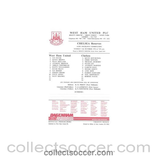 1994 - West Ham United v Chelsea Reserves official teamsheet 11/10/1994 Football Combination - Collect Soccer