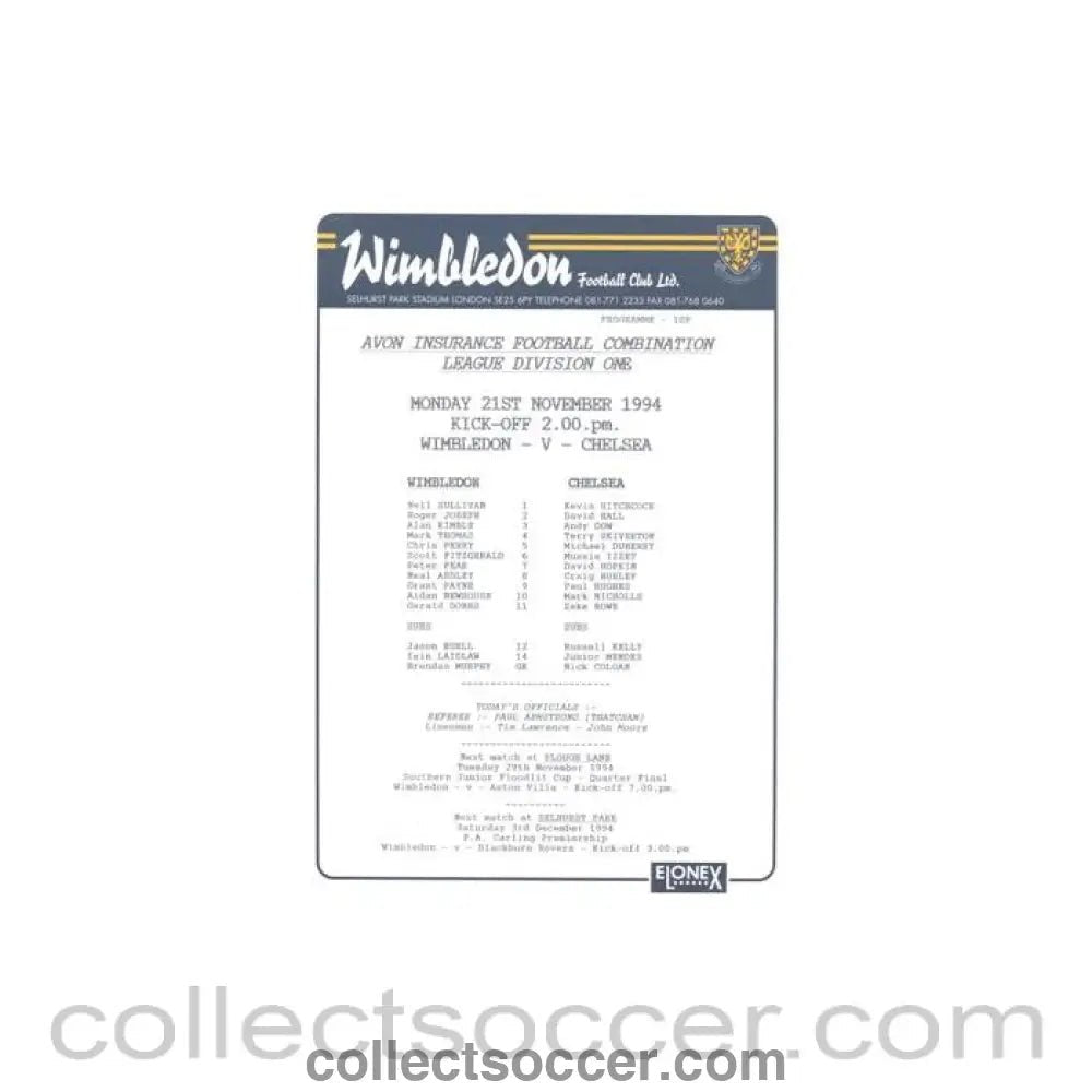 1994 - Wimbledon v Chelsea Reserves official colour teamsheet 21/11/1994 Football Combination - Collect Soccer