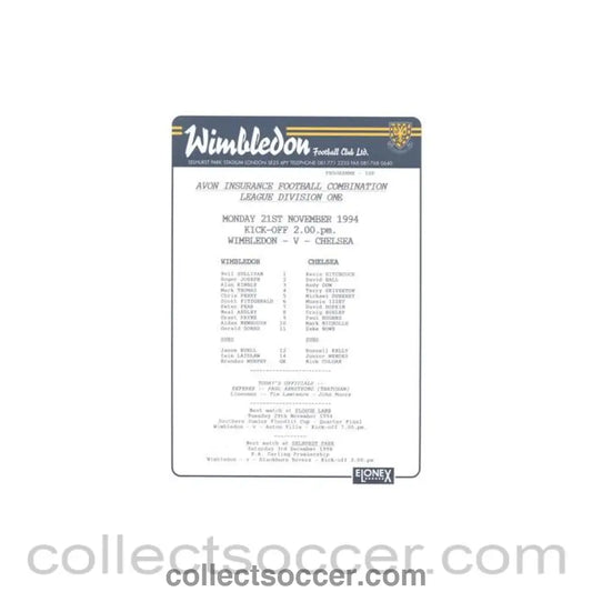 1994 - Wimbledon v Chelsea Reserves official colour teamsheet 21/11/1994 Football Combination - Collect Soccer
