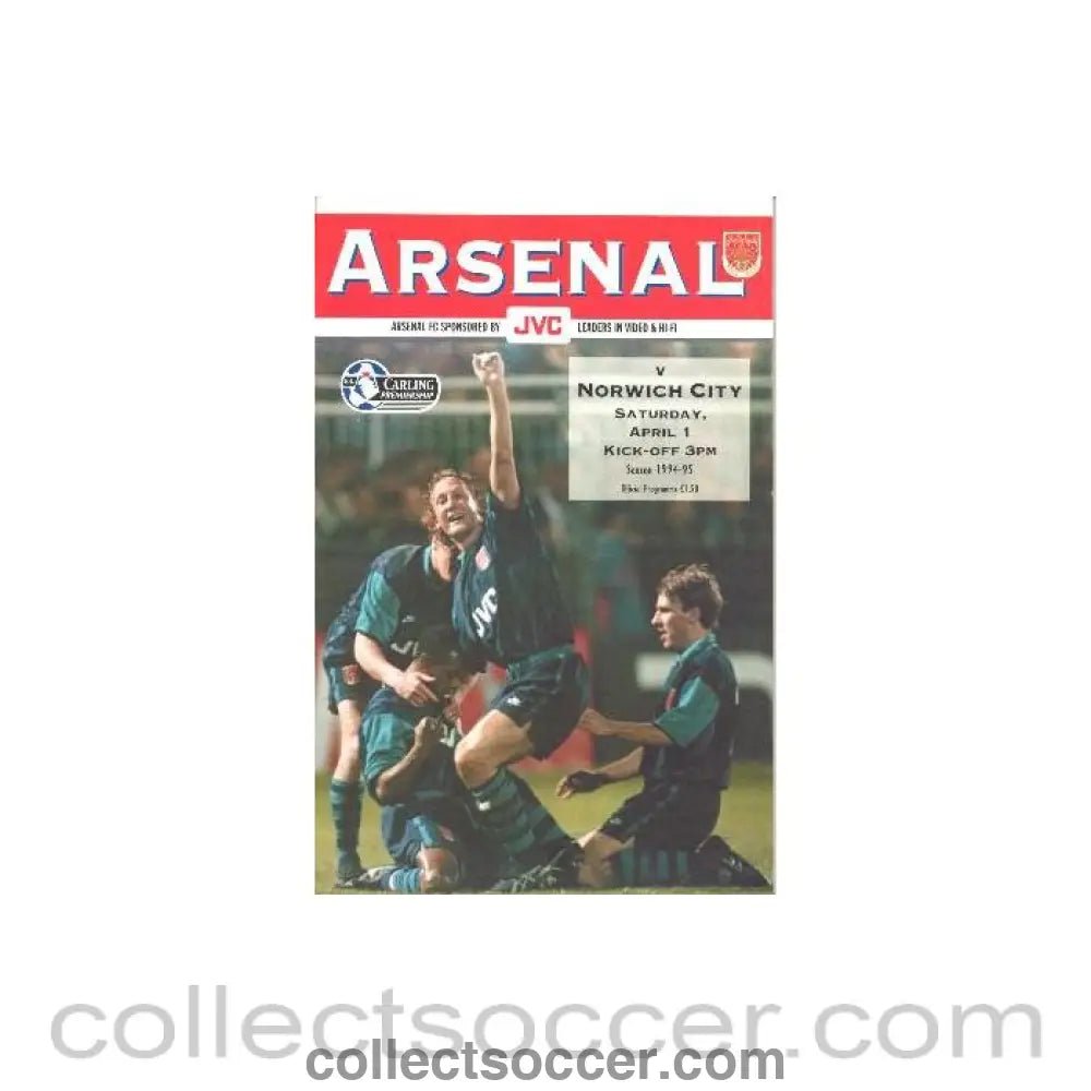 1995 - Arsenal v Norwich City official programme 01/04/1995 Carling Premiership - Collect Soccer