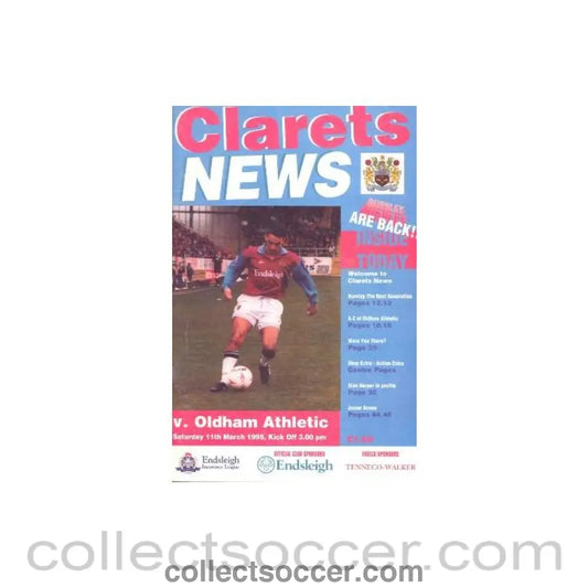 1995 - Burnley v Oldham Athletic official programme 11/03/1995,