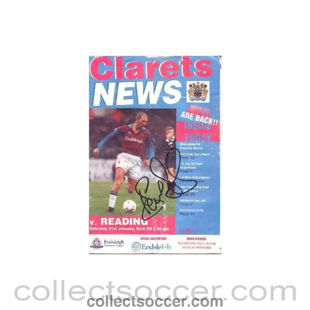 1995 - Burnley v Reading official programme 21/01/1995 League, signed - Collect Soccer