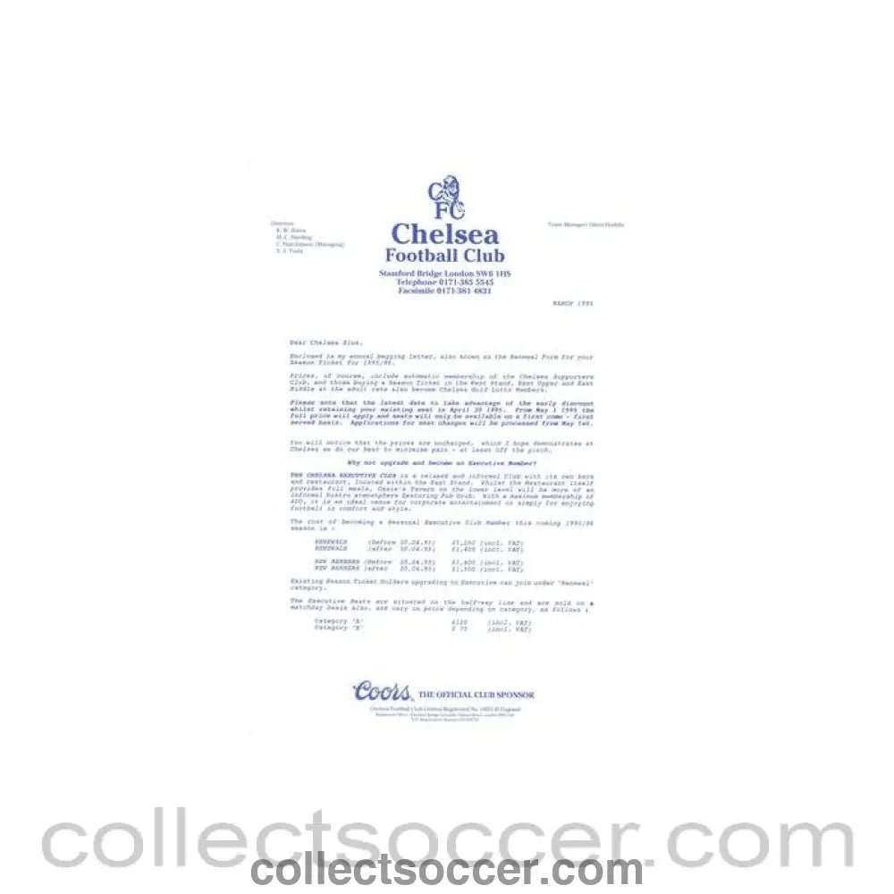 1995 - Chelsea FC letter of March 1995, originally signed by Ken Bates - Collect Soccer