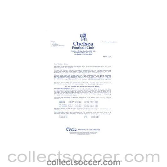 1995 - Chelsea FC letter of March 1995, originally signed by Ken Bates - Collect Soccer