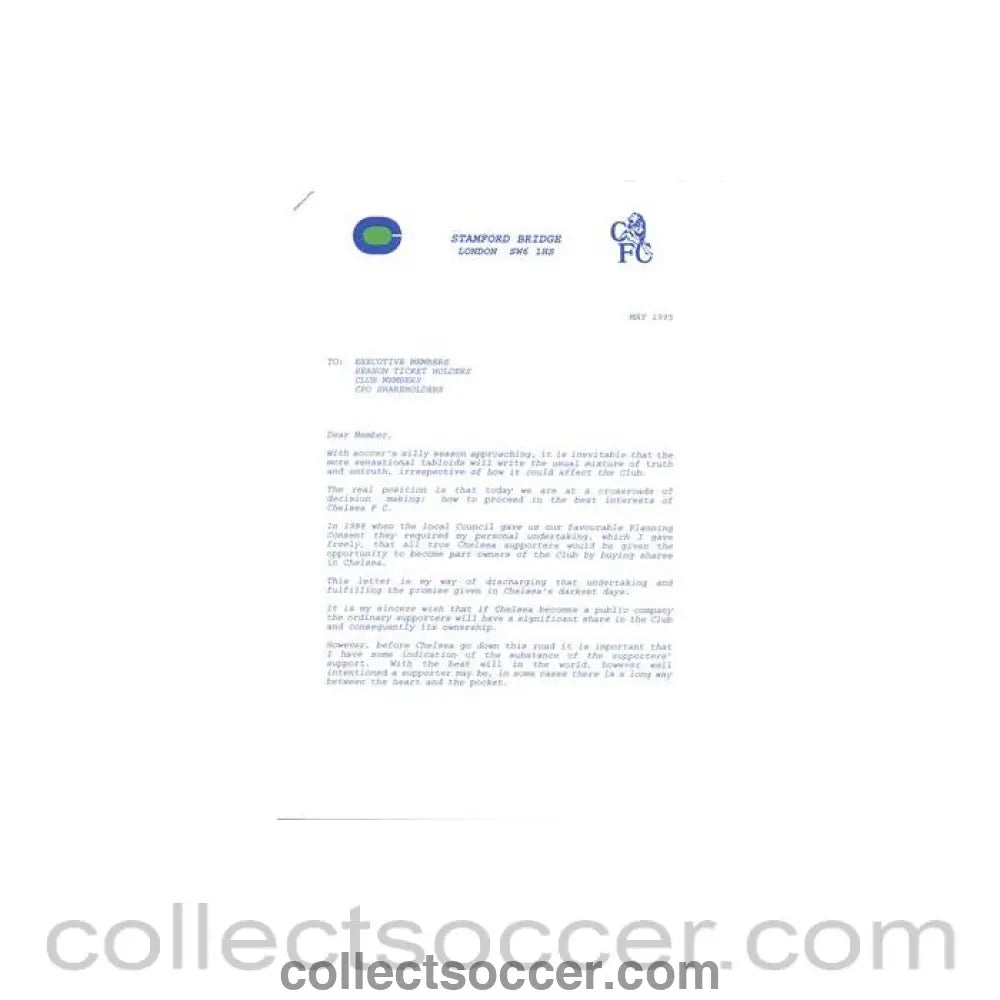 1995 - Chelsea FC letter of May 1995, originally signed by Ken Bates - Collect Soccer