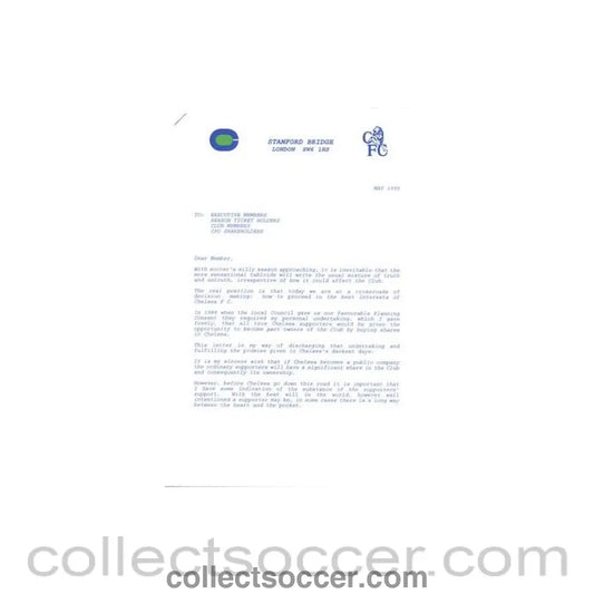 1995 - Chelsea FC letter of May 1995, originally signed by Ken Bates - Collect Soccer