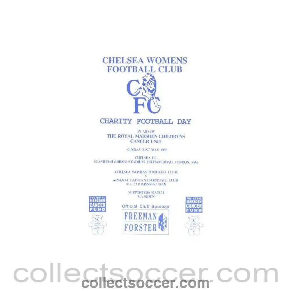 1995 - Chelsea Ladies v Arsenal Ladies XI official programme 21/05/1995 Charity Football Day - Collect Soccer