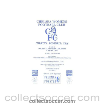 1995 - Chelsea Ladies v Arsenal Ladies XI official programme 21/05/1995 Charity Football Day - Collect Soccer