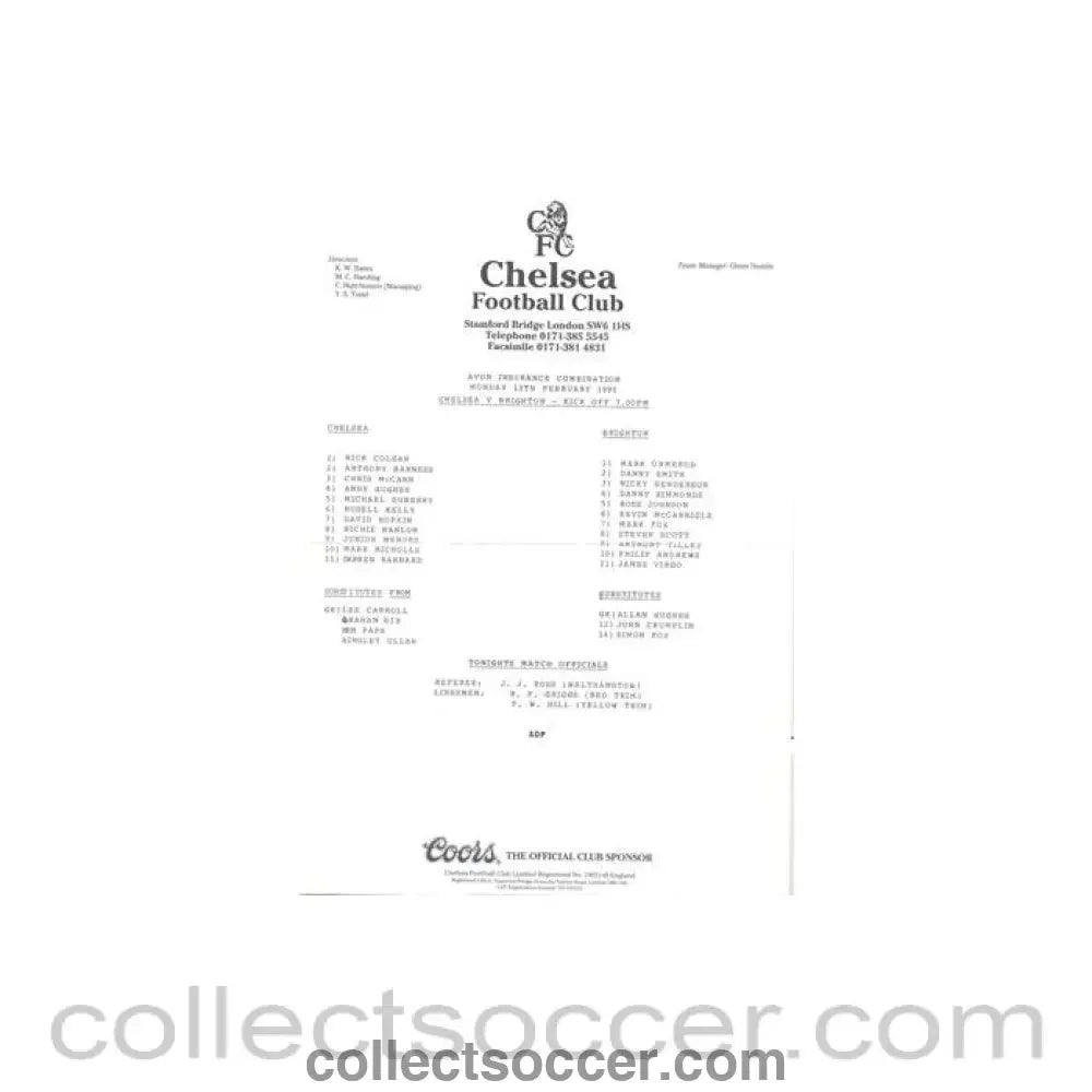 1995 - Chelsea v Brighton Reserves official teamsheet 13/02/1995 Football Combination - Collect Soccer