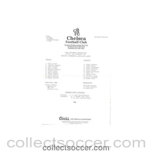 1995 - Chelsea v Brighton Reserves official teamsheet 13/02/1995 Football Combination