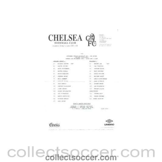 1995 - Chelsea v Millwall official programme 06/11/1995 Southern Junior Floodlit Cup