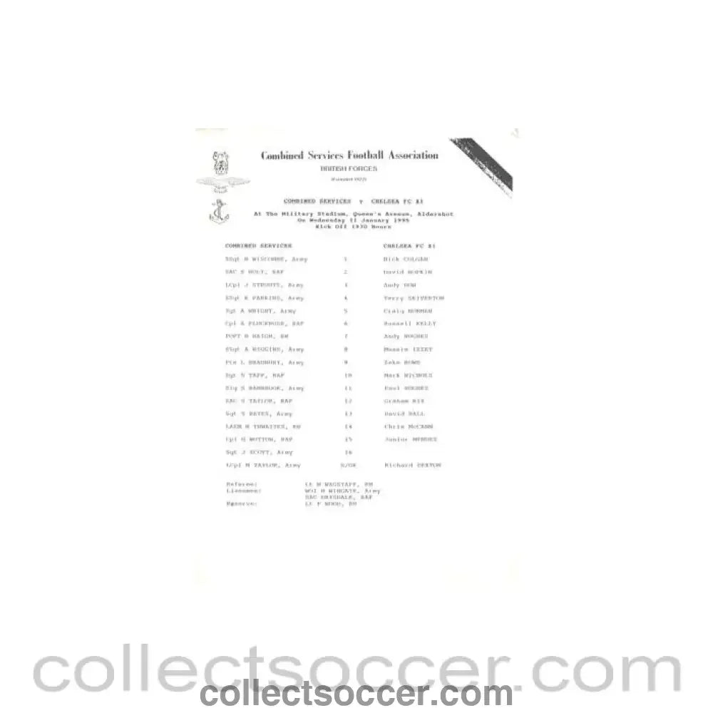 1995 - Combined Services v Chelsea XI official teamsheet 11/01/1995 - Collect Soccer