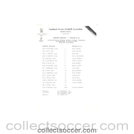 1995 - Combined Services v Chelsea XI official teamsheet 11/01/1995 - Collect Soccer