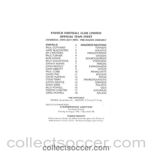 1995 - Enfield v Anagenesis Macedonia official programme 29/07/1995 Pre-Season Friendly