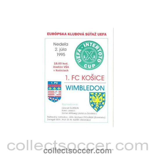 1995 - Kosice v Wimbledon official programme 02/07/1995 Intertoto Cup - Collect Soccer