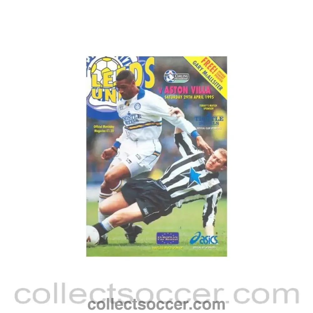 1995 - Leeds United v Aston Villa official programme 29/04/1995 Premier League, with a giant Gary McAllsiter poster and a teamsheet - Collect Soccer