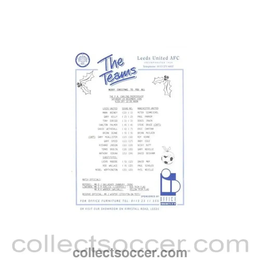 1995 - Leeds United v Manchester United official teamsheet 24/12/1995 Premier League - Collect Soccer