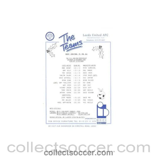 1995 - Leeds United v Manchester United official teamsheet 24/12/1995 Premier League - Collect Soccer