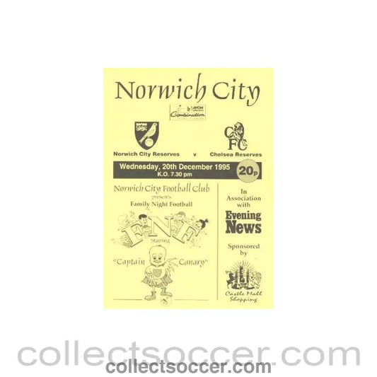 1995 - Norwich City Reserves vChelsea Reserves official programme 20/12/1995 - Collect Soccer