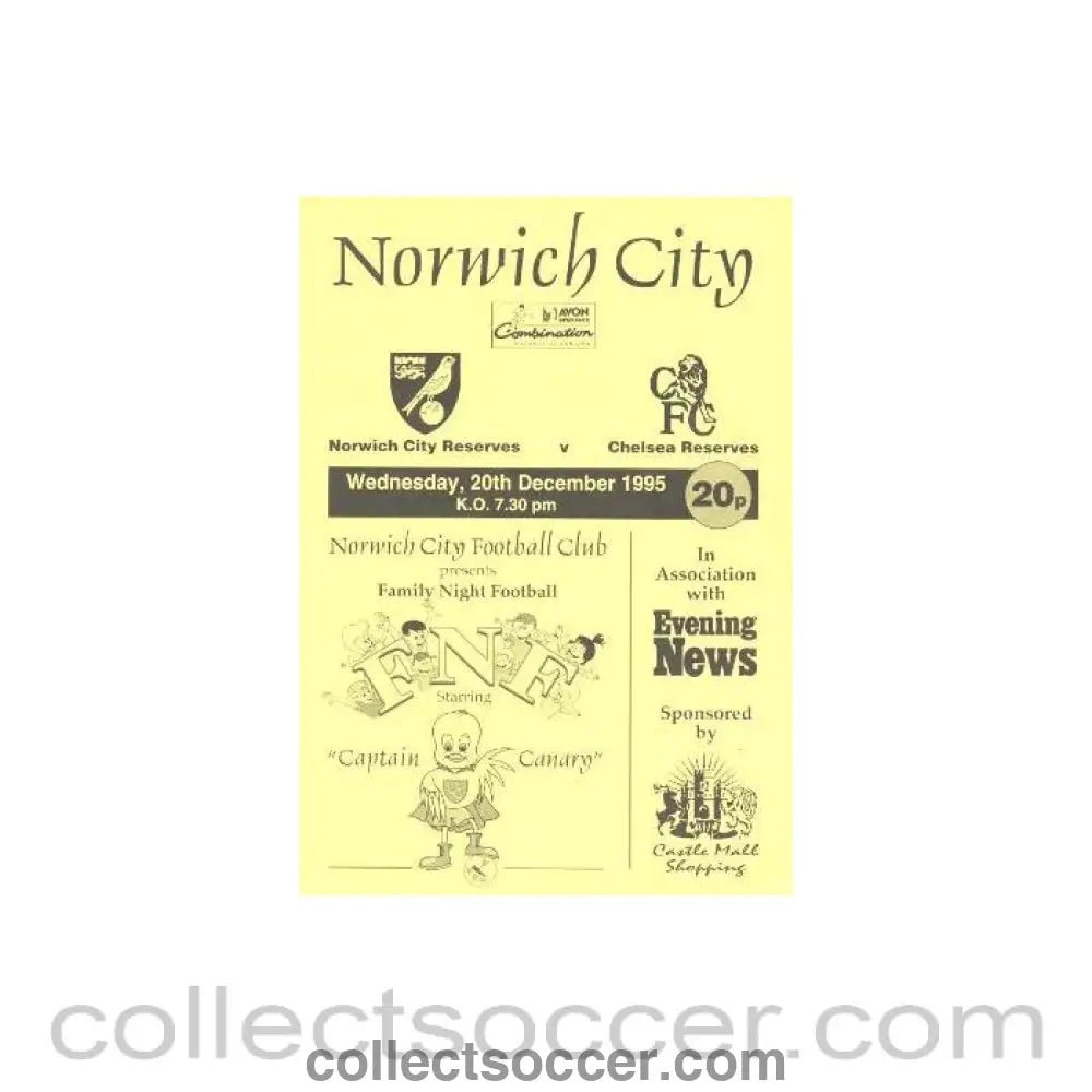 1995 - Norwich City Reserves vChelsea Reserves official programme 20/12/1995 - Collect Soccer