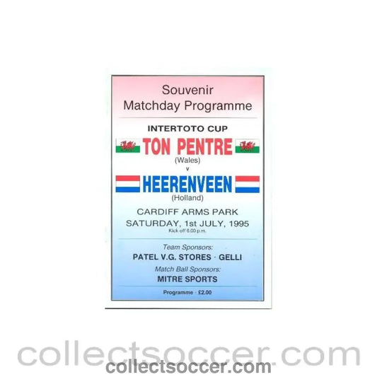 1995 - Ton Pentre, Wales v Heerenveen, Holland official programme 01/07/1995 Intertoto Cup - Collect Soccer