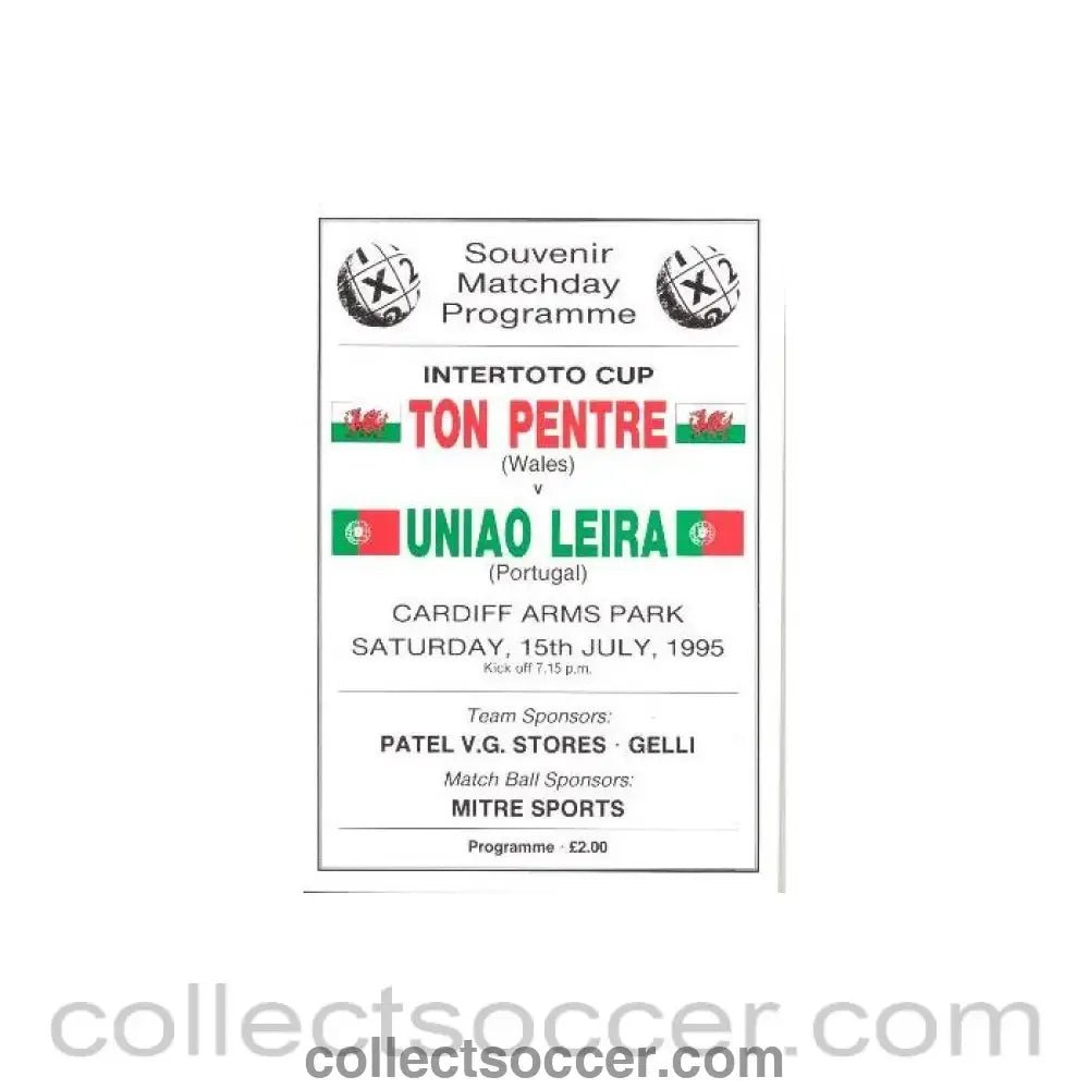 1995 - Ton Pentre, Wales v Uniao Leira, Portugal official programme 15/07/1995 Intertoto Cup - Collect Soccer