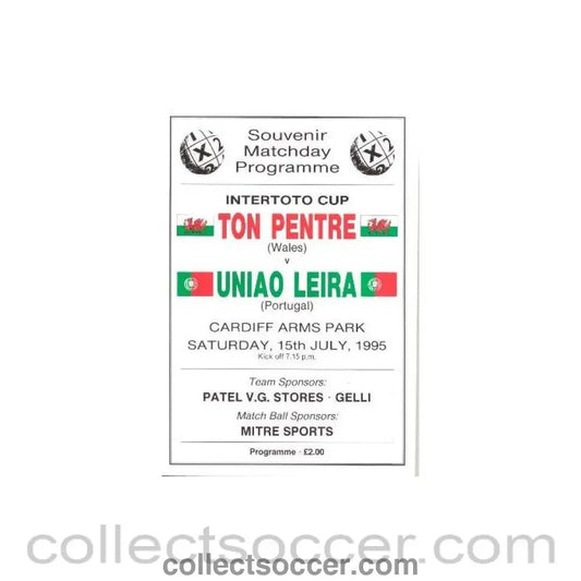 1995 - Ton Pentre, Wales v Uniao Leira, Portugal official programme 15/07/1995 Intertoto Cup - Collect Soccer