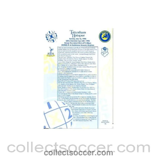 1995 - Tottenham Hotspur v Osters official programme 16/07/1995 Intertoto Cup - Collect Soccer