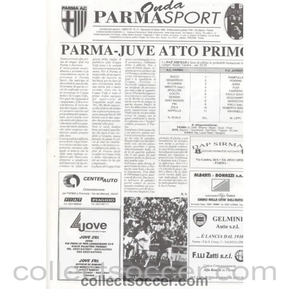 1995 UEFA Cup Final Newspaper Issue Parma v Juventus 1st leg - Collect Soccer