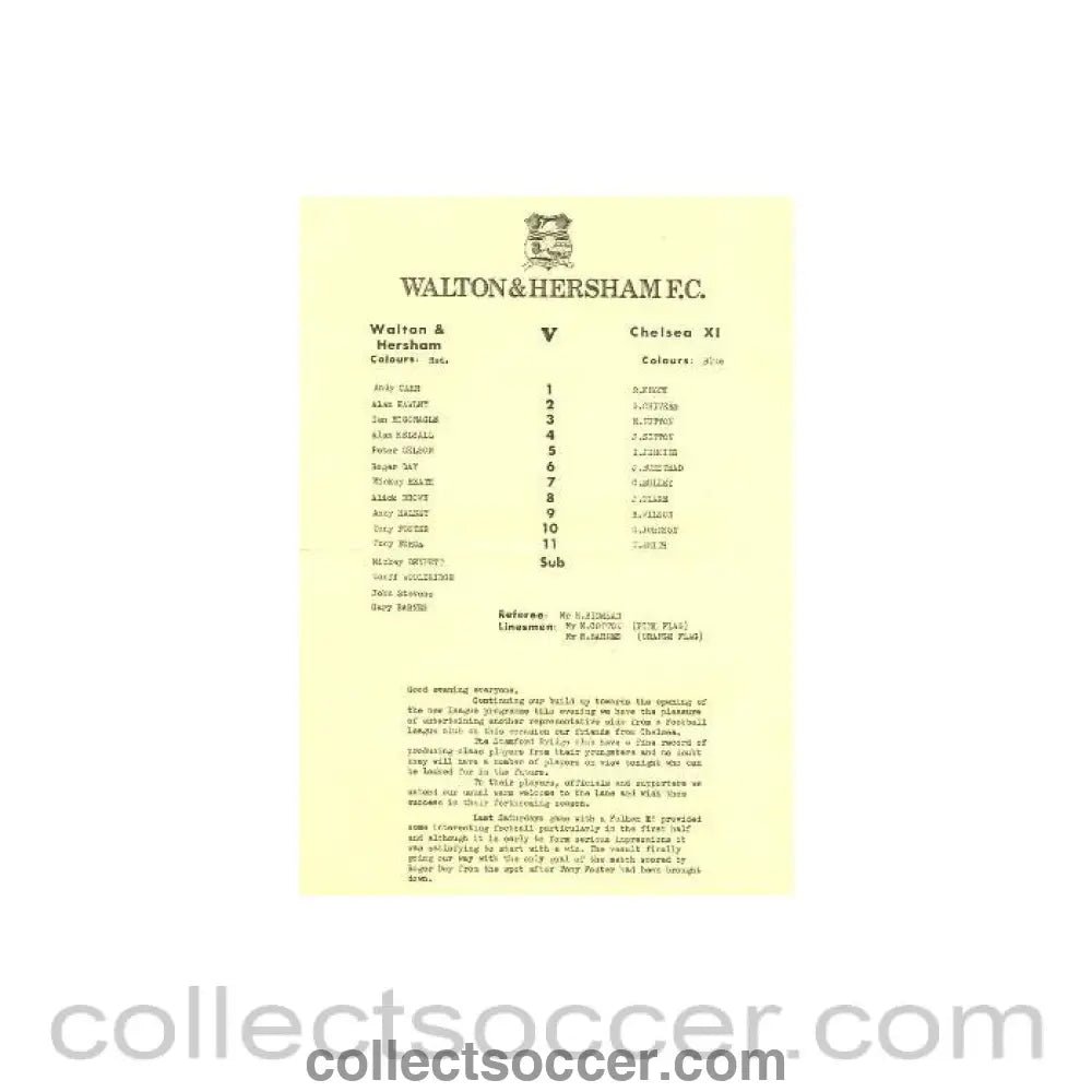 1995 - Walton & Hersham vChelsea XI official programme August 1995 - Collect Soccer