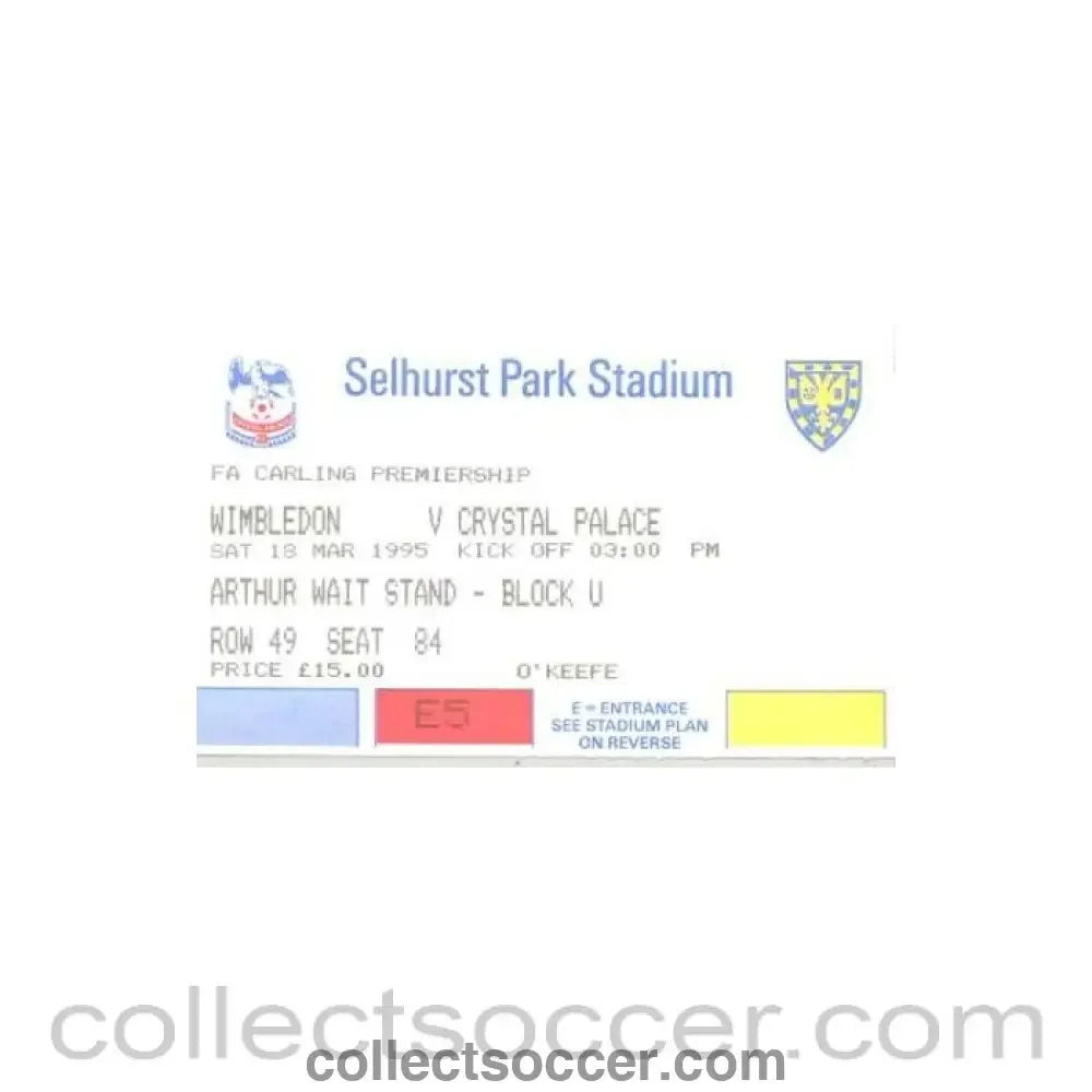 1995 - Wimbledon v Crystal Palace ticket 18/03/1995