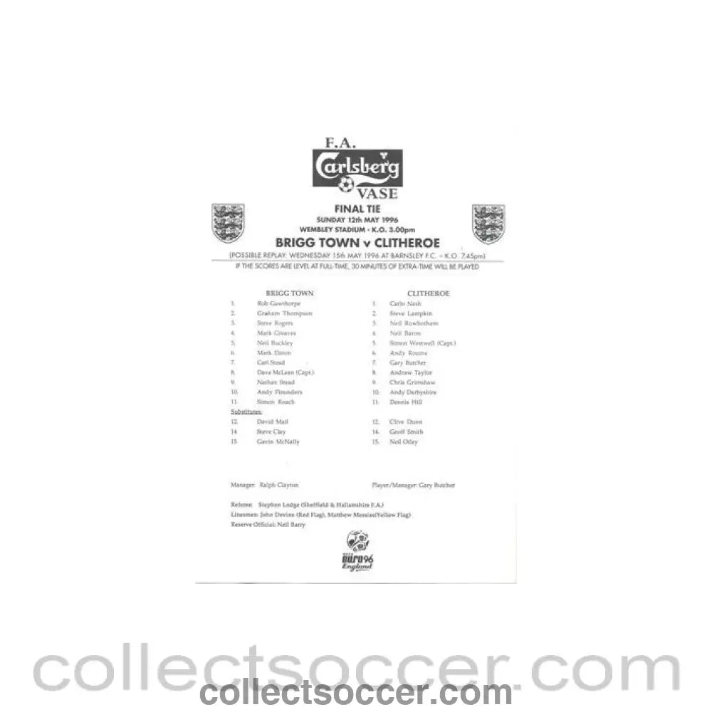 1996 - Brigg Town v Clitheroe official teamsheet 15/05/1996 F.A. Carlsberg Vase Final - Collect Soccer