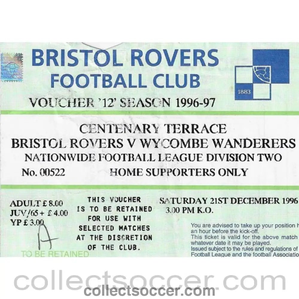 1996 - Bristol Rovers v Wycombe Wanderers 21/12/1996 Match Ticket - Collect Soccer