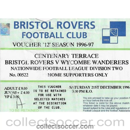 1996 - Bristol Rovers v Wycombe Wanderers 21/12/1996 Match Ticket - Collect Soccer
